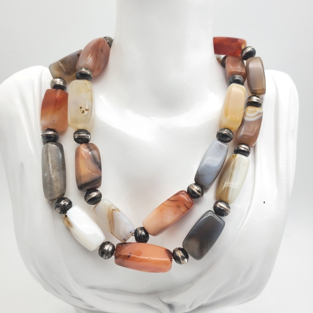 Agate & Quartz Sterling Silver Beaded Necklace Continuous Loop Opera Length 175g